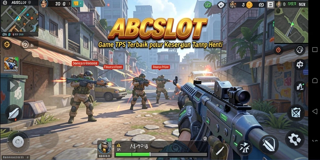 Screenshot ABCSLOT menampilkan aksi seru gameplay TPS di medan perang.