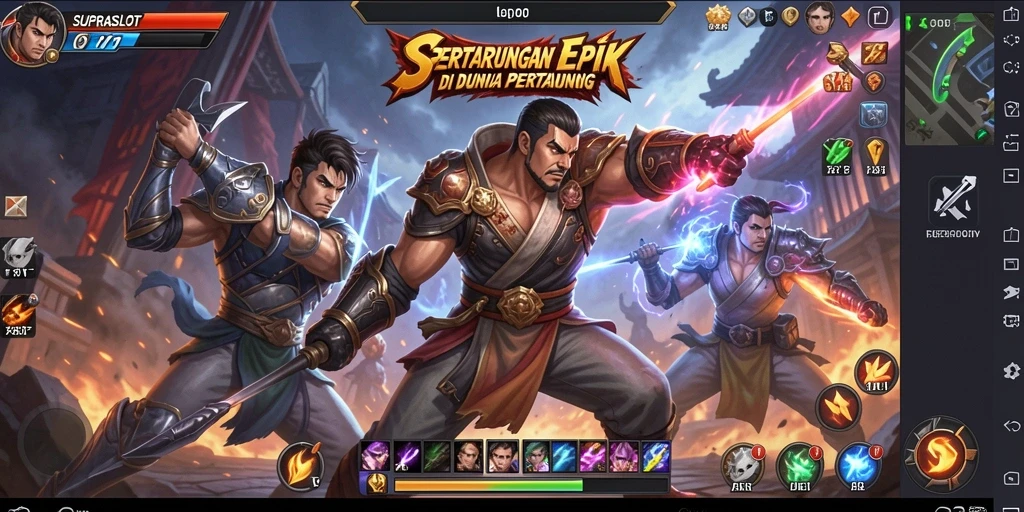 Screenshot gameplay <strong>SUPRASLOT</strong> menampilkan pertarungan seru dan karakter yang berwarna-warni.