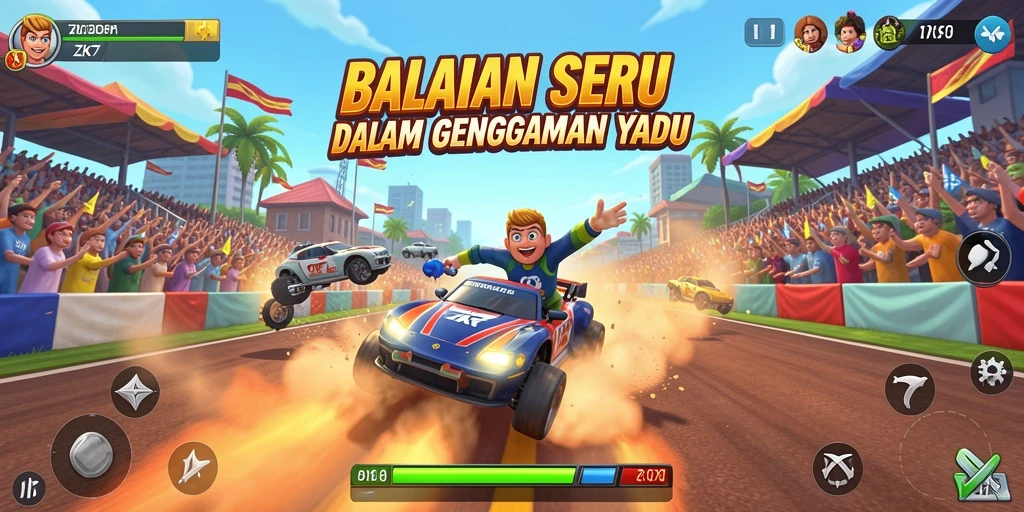 Gameplay ZK7 menampilkan balapan mobil yang cepat dan seru.